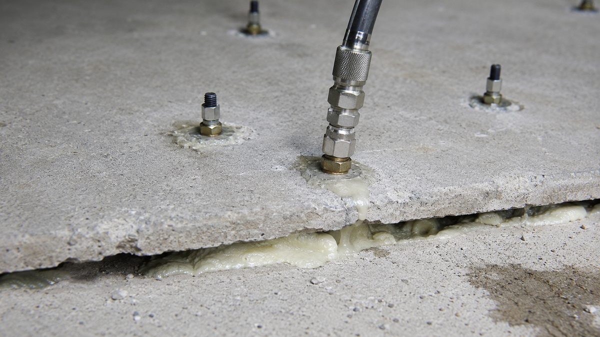 Concrete slab lifting and leveling with polyurethane foam injection