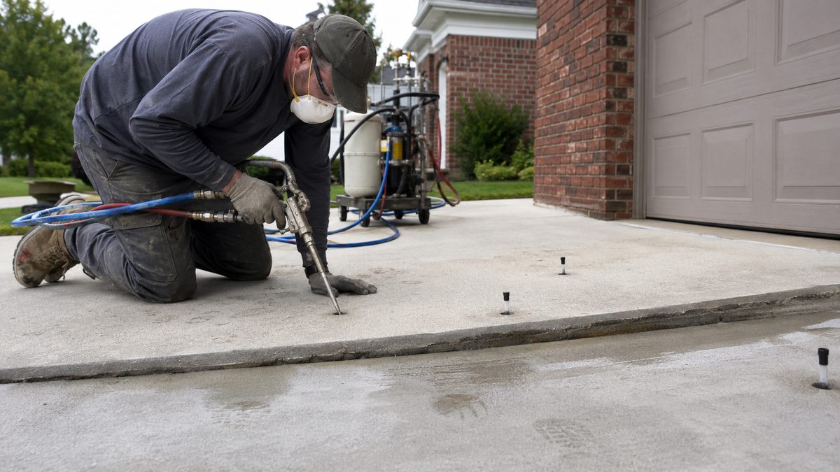 Technician injecting expanding polyurethane foam to lift and level a concrete slab