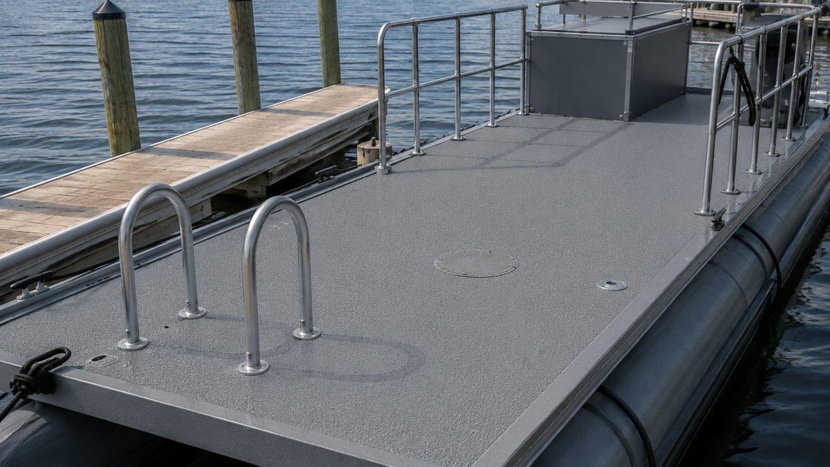 Finished textured non-slip polyurea-coated boat deck