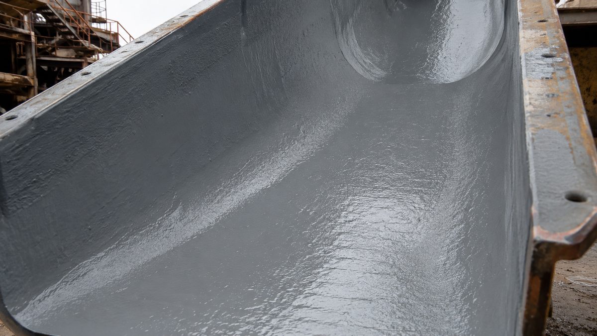 Mining chute protected with a seamless polyurea wear-lining coating