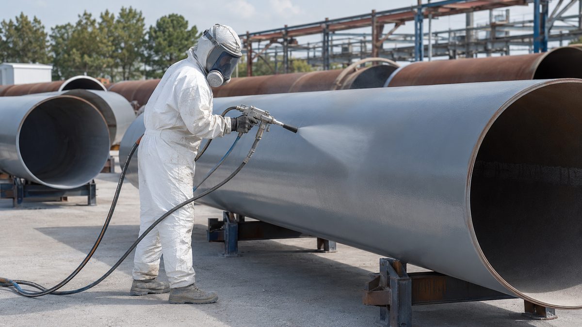 Worker spray-applying polyurea corrosion-protection coating on a steel pipeline