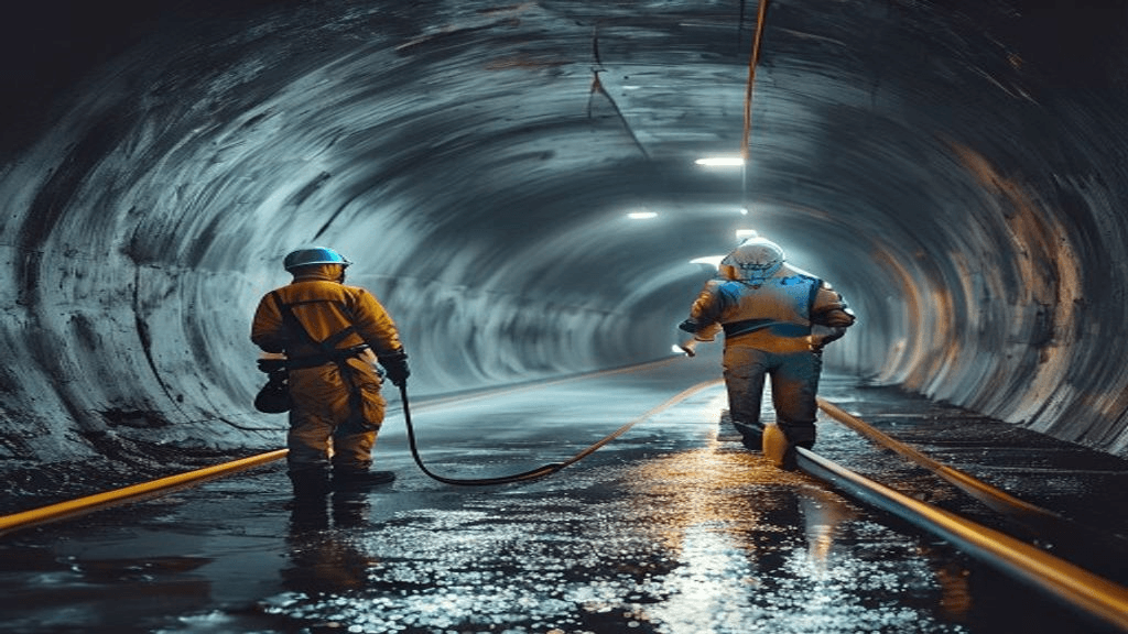 Contractor crew spray-lining a tunnel wall with polyurea during an overnight closure
