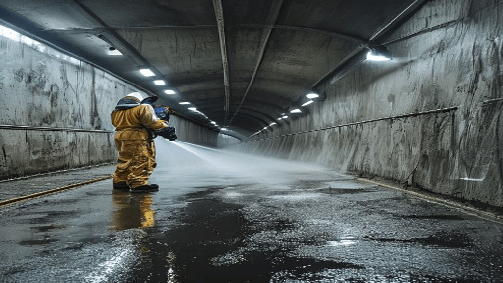 Pure polyurea lining sprayed onto a road tunnel concrete ceiling and wall