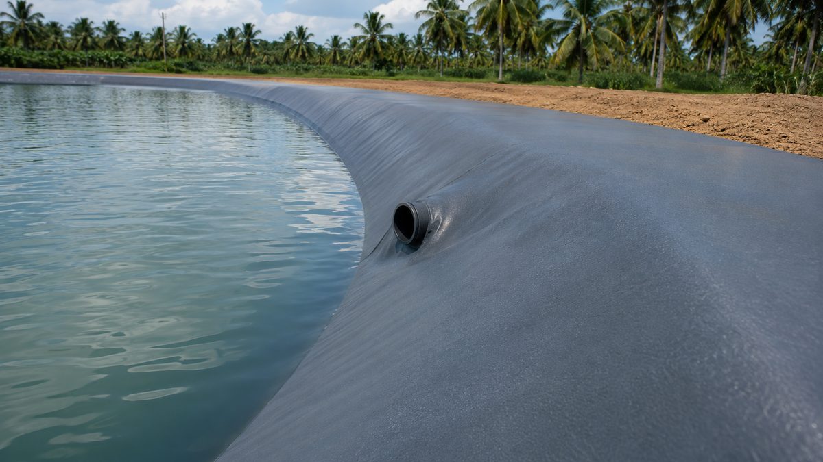 Industrial Shrimp Aquaculture Pond Lining · Mekong Delta — on-site view 1